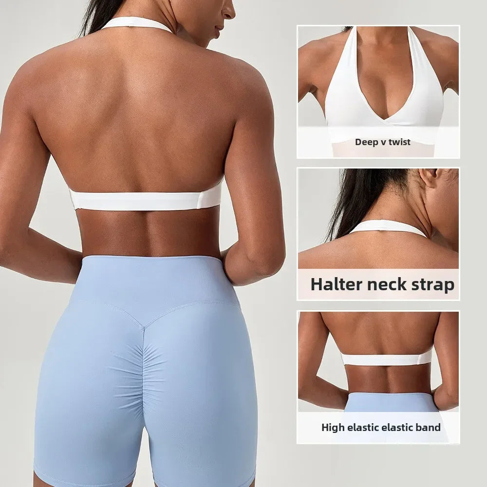 Strappy Bra for Women Open Back Halter Sports Bra Light Support Gym