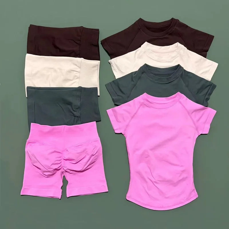 2 Pcs HISTELLO Impact Gym Sets Short Sleeve Seamless Yoga Clothing