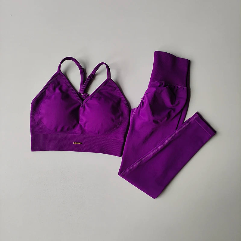 Seamless Hip Lifting Fitness Set Women's V-neck Bra Leggings Yoga Set