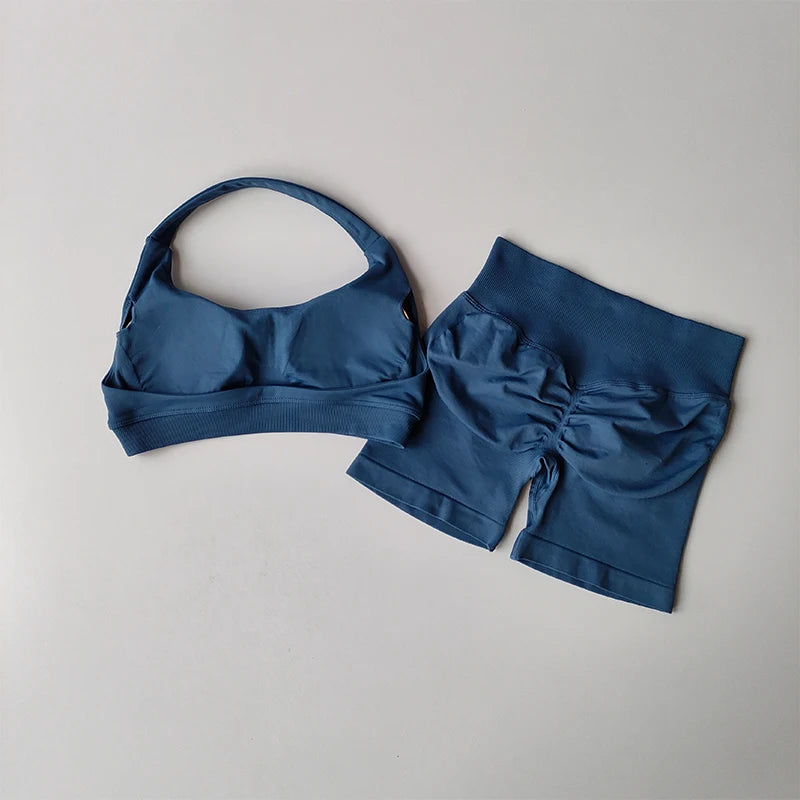 Sexy Halter Neck Beautiful Back High Waist Peach Sports Bras Shorts