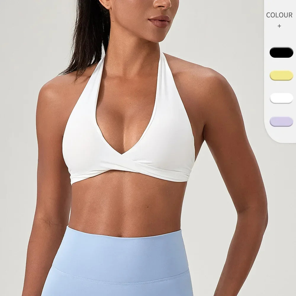 Strappy Bra for Women Open Back Halter Sports Bra Light Support Gym