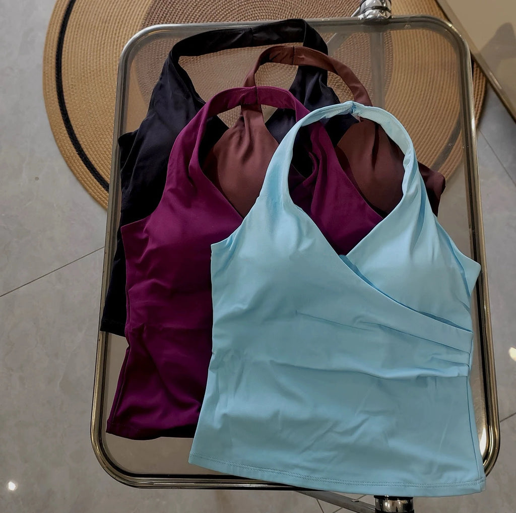 Women's Sexy V-Neck Fitness Bra Nude Sports Bra Hanging Neck Yoga Suit