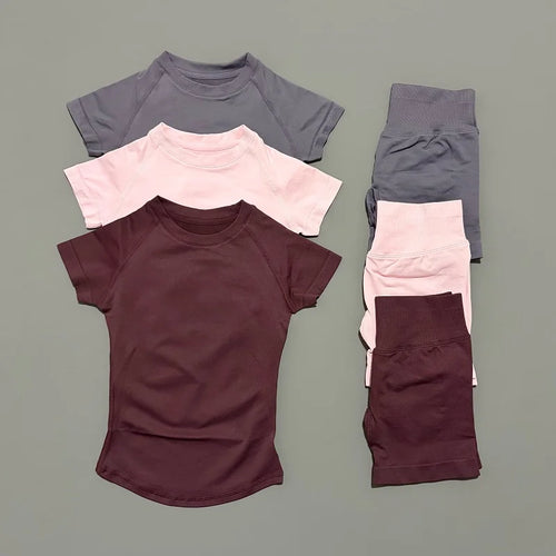 2 Pieces HISTELLO Sports Sets Short Sleeve Seamless Yoga Top Fitness