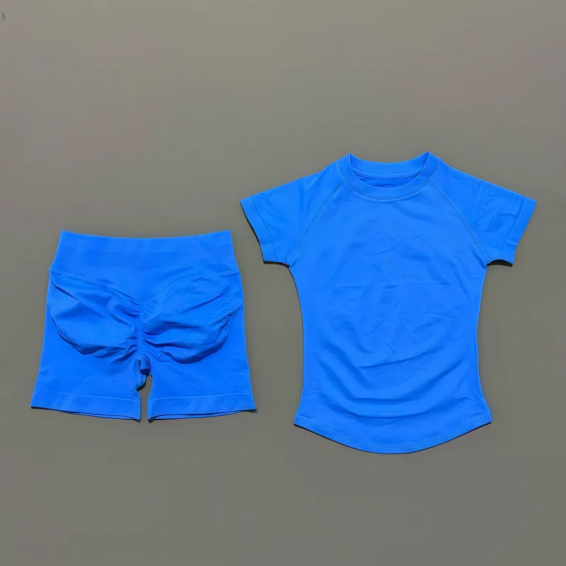 2 Pieces HISTELLO Sports Sets Short Sleeve Seamless Yoga Top Fitness