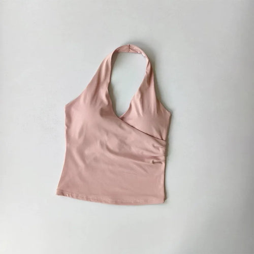 Women's Sexy V-Neck Fitness Bra Nude Sports Bra Hanging Neck Yoga Suit