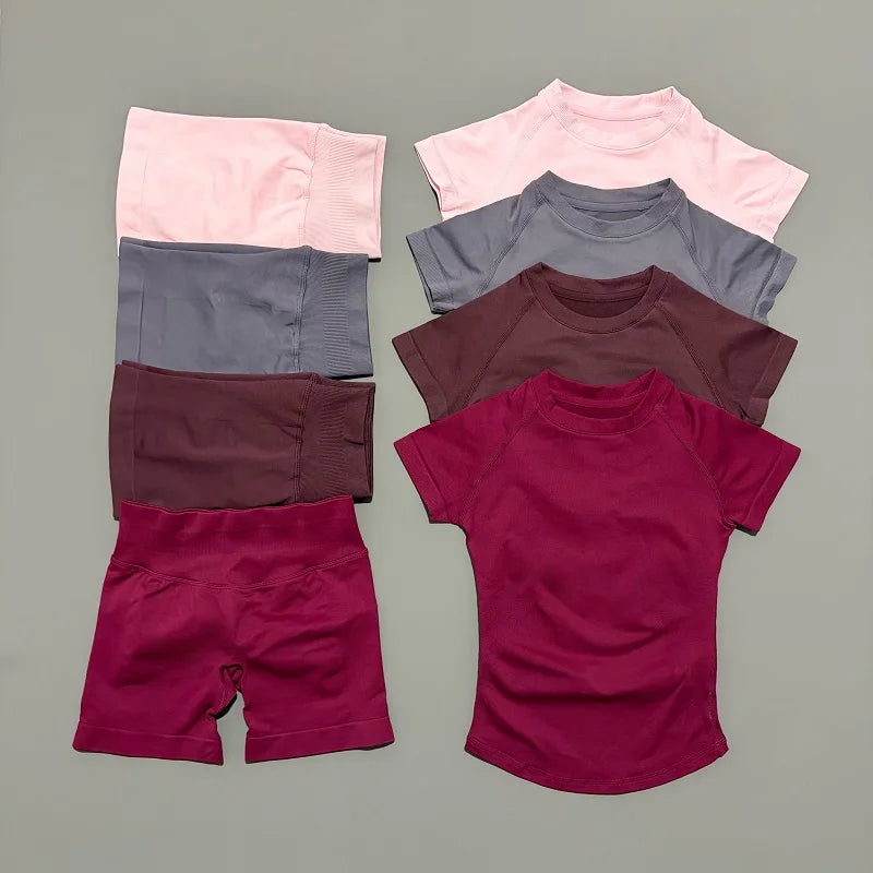 2 Pieces HISTELLO Sports Sets Short Sleeve Seamless Yoga Top Fitness