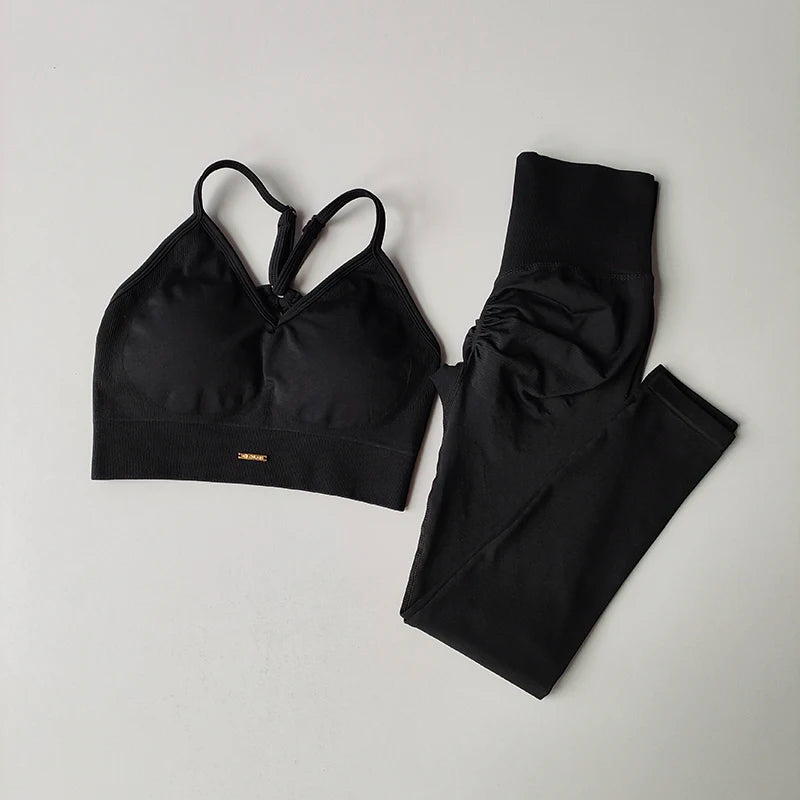 Seamless Hip Lifting Fitness Set Women's V-neck Bra Leggings Yoga Set