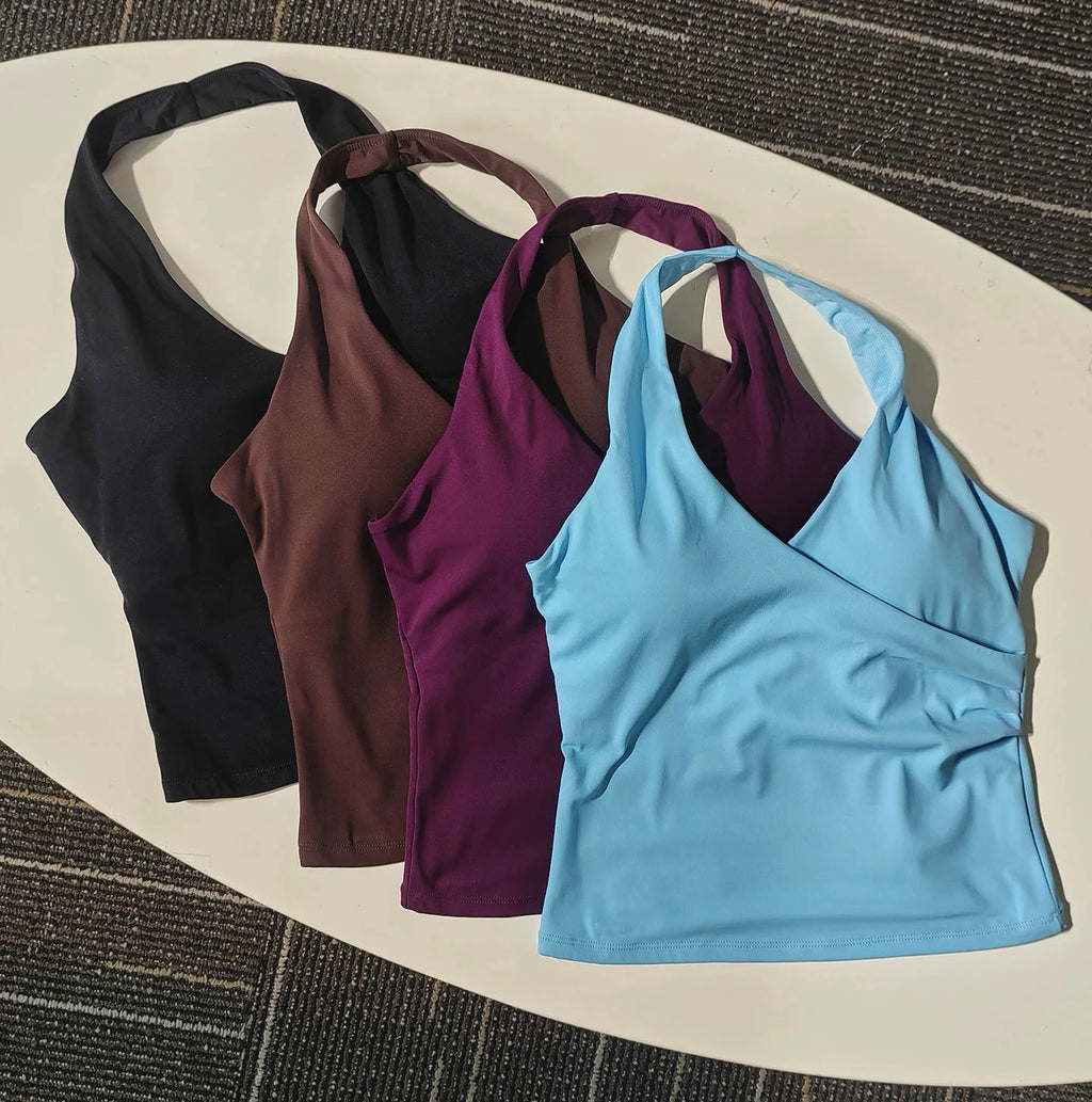 Women's Sexy V-Neck Fitness Bra Nude Sports Bra Hanging Neck Yoga Suit