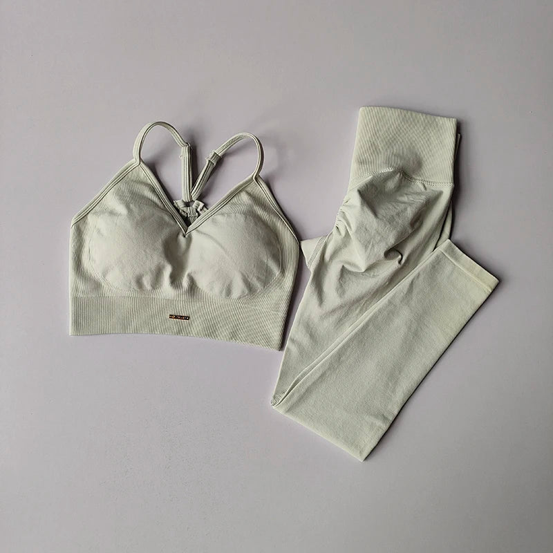 Seamless Hip Lifting Fitness Set Women's V-neck Bra Leggings Yoga Set