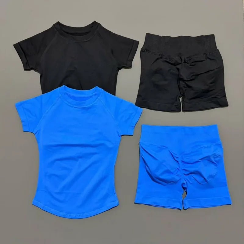 2 Pcs HISTELLO Impact Gym Sets Short Sleeve Seamless Yoga Clothing