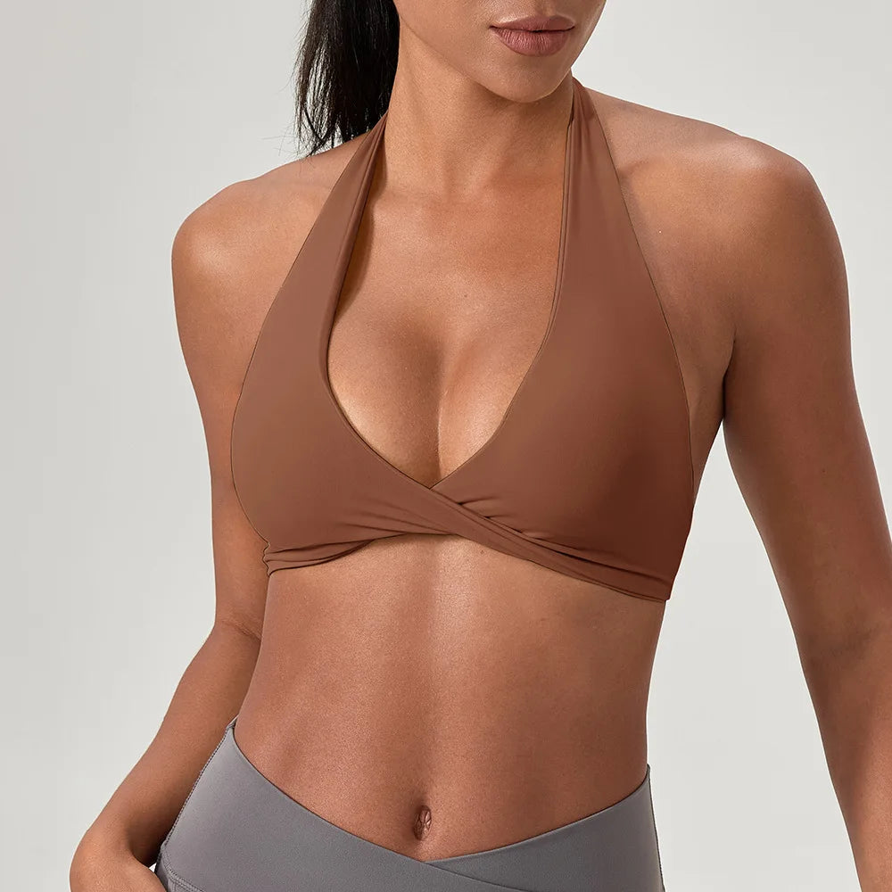 Strappy Bra for Women Open Back Halter Sports Bra Light Support Gym