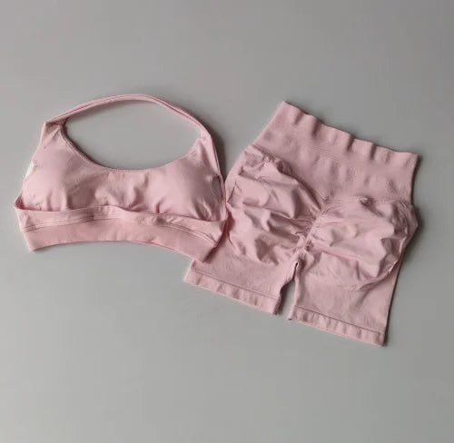Sexy Halter Neck Beautiful Back High Waist Peach Sports Bras Shorts