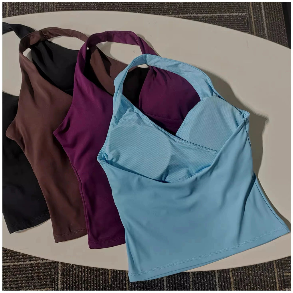 Women's Sexy V-Neck Fitness Bra Nude Sports Bra Hanging Neck Yoga Suit