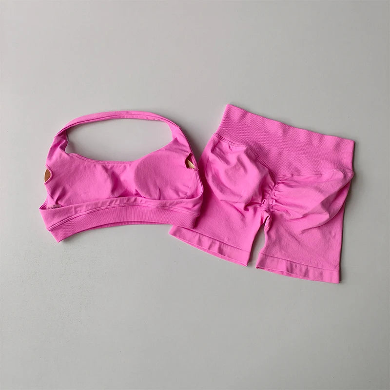 Sexy Halter Neck Beautiful Back High Waist Peach Sports Bras Shorts
