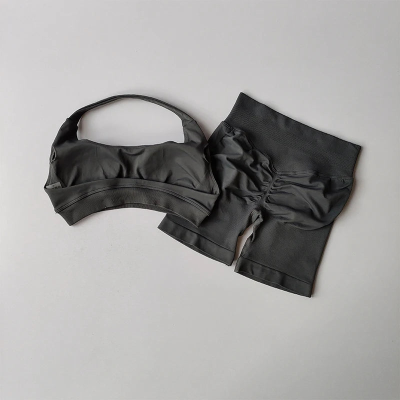 Sexy Halter Neck Beautiful Back High Waist Peach Sports Bras Shorts