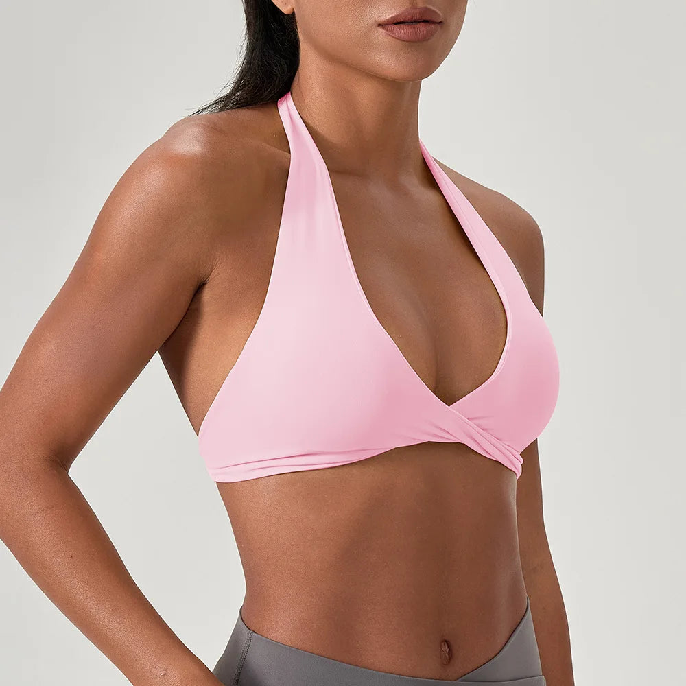 Strappy Bra for Women Open Back Halter Sports Bra Light Support Gym