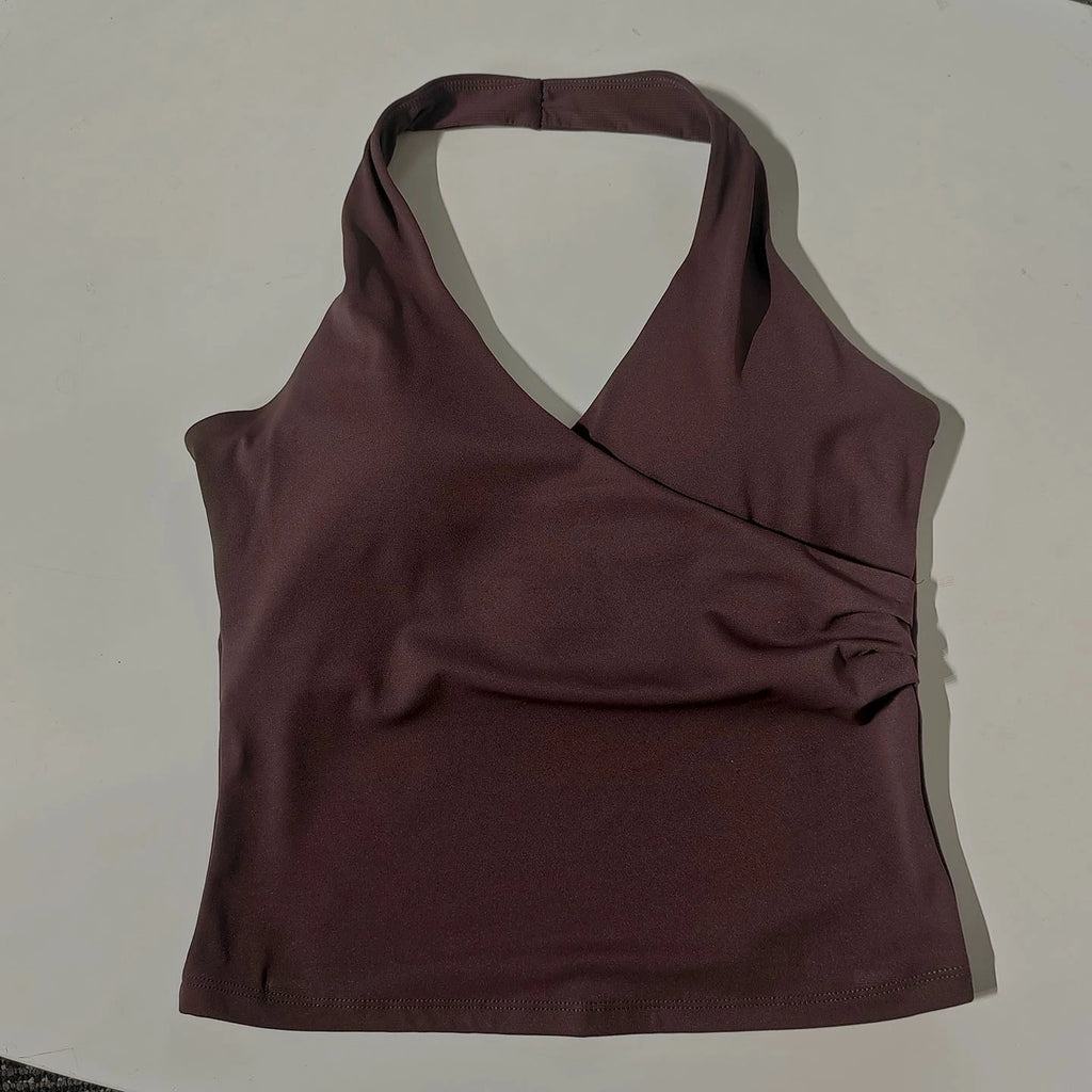 Women's Sexy V-Neck Fitness Bra Nude Sports Bra Hanging Neck Yoga Suit