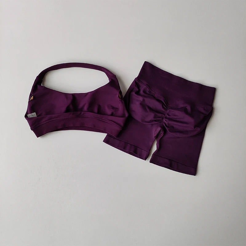 Sexy Halter Neck Beautiful Back High Waist Peach Sports Bras Shorts