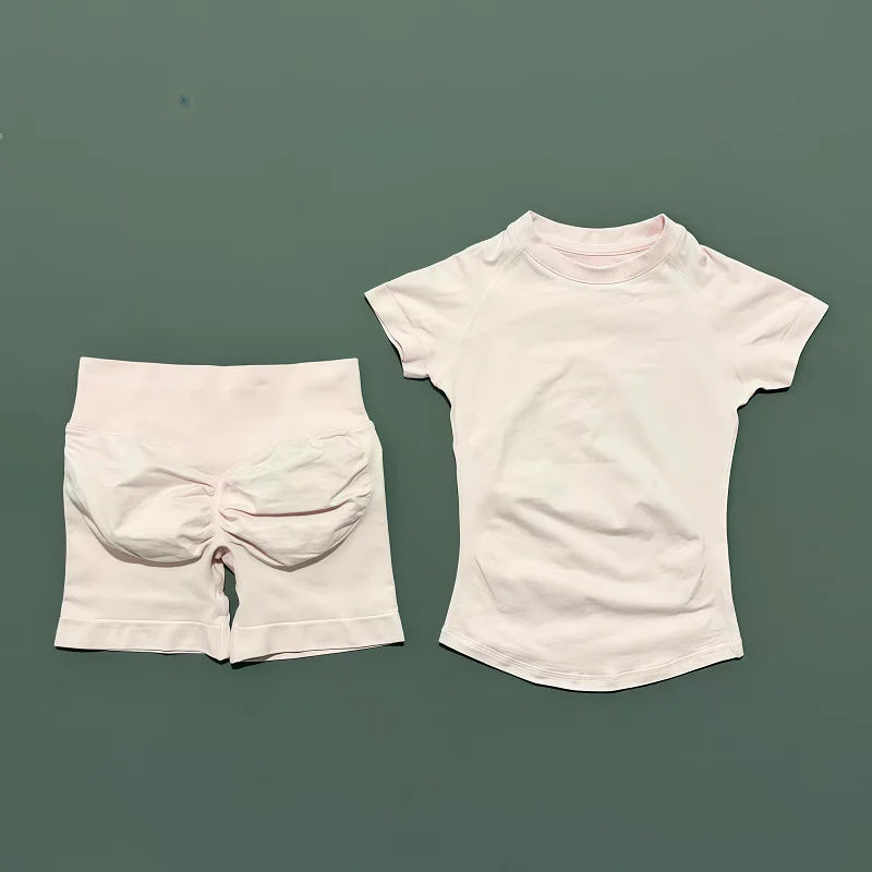 2 Pieces HISTELLO Sports Sets Short Sleeve Seamless Yoga Top Fitness