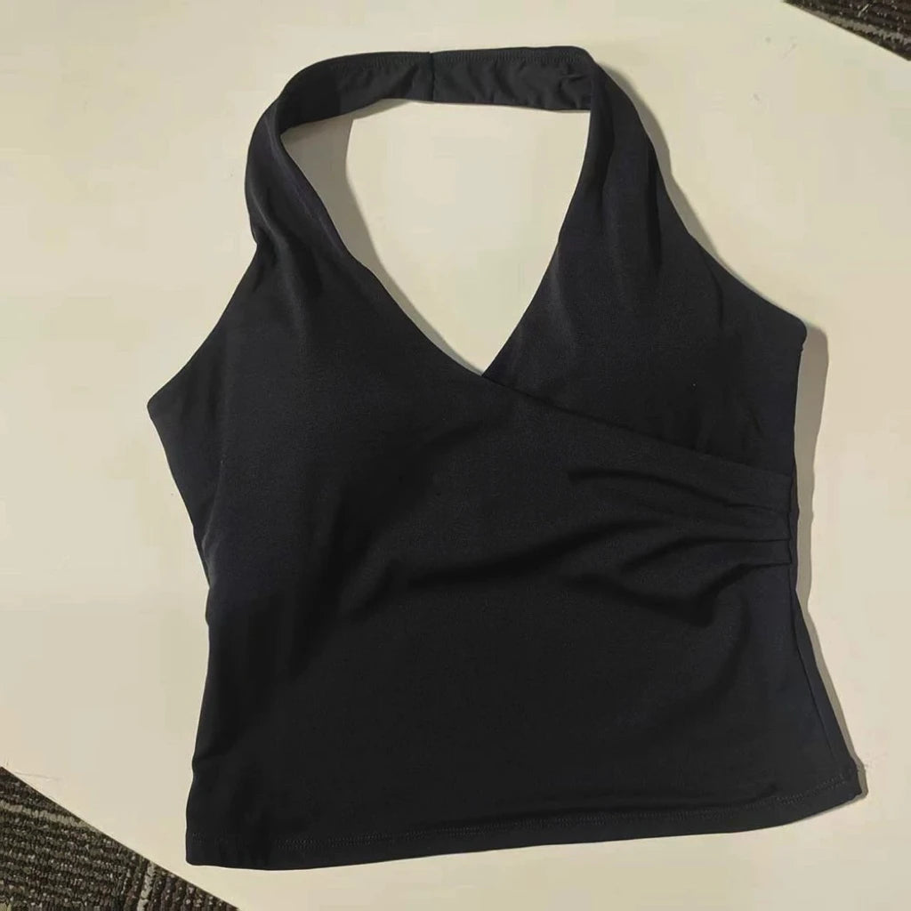 Women's Sexy V-Neck Fitness Bra Nude Sports Bra Hanging Neck Yoga Suit