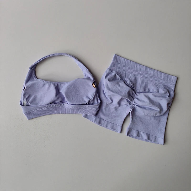 Sexy Halter Neck Beautiful Back High Waist Peach Sports Bras Shorts