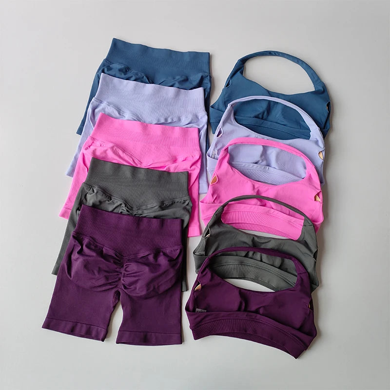 Sexy Halter Neck Beautiful Back High Waist Peach Sports Bras Shorts